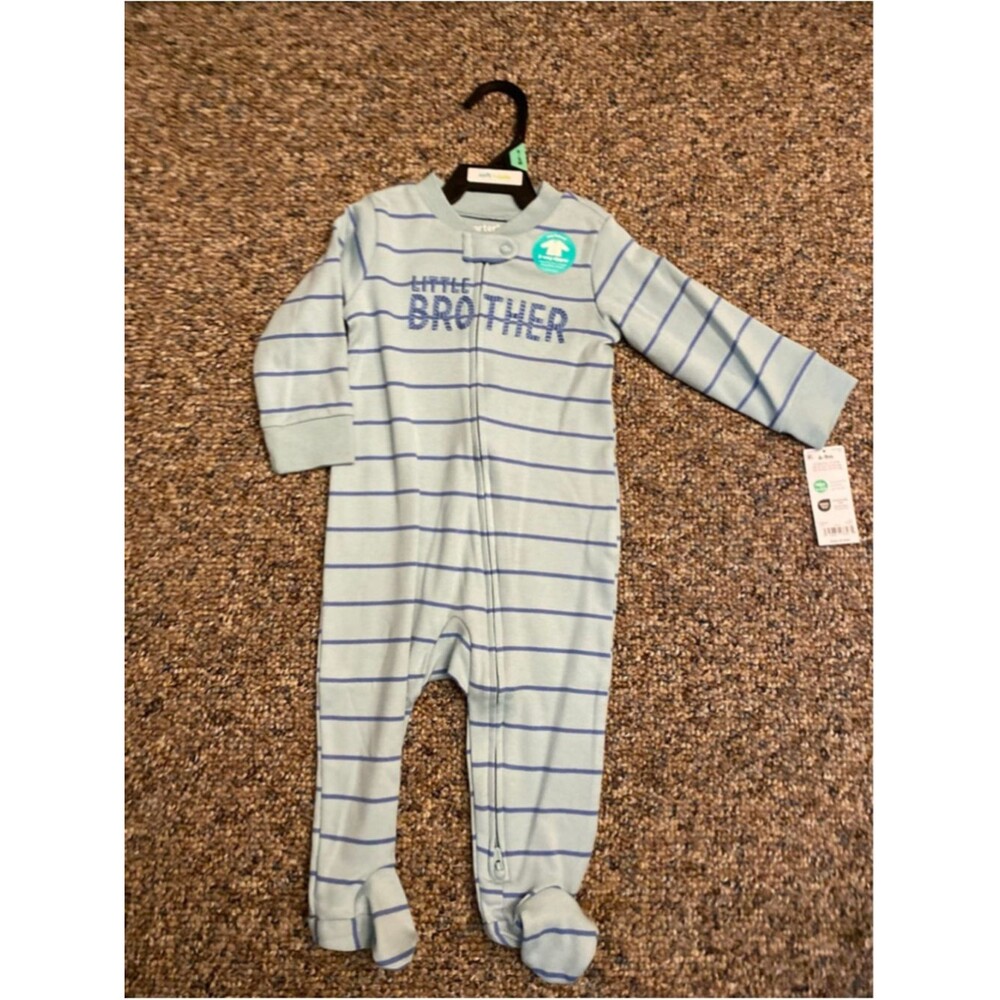 Baby Carter's Light Blue Striped "Little Brother" Footie 6-9 Months